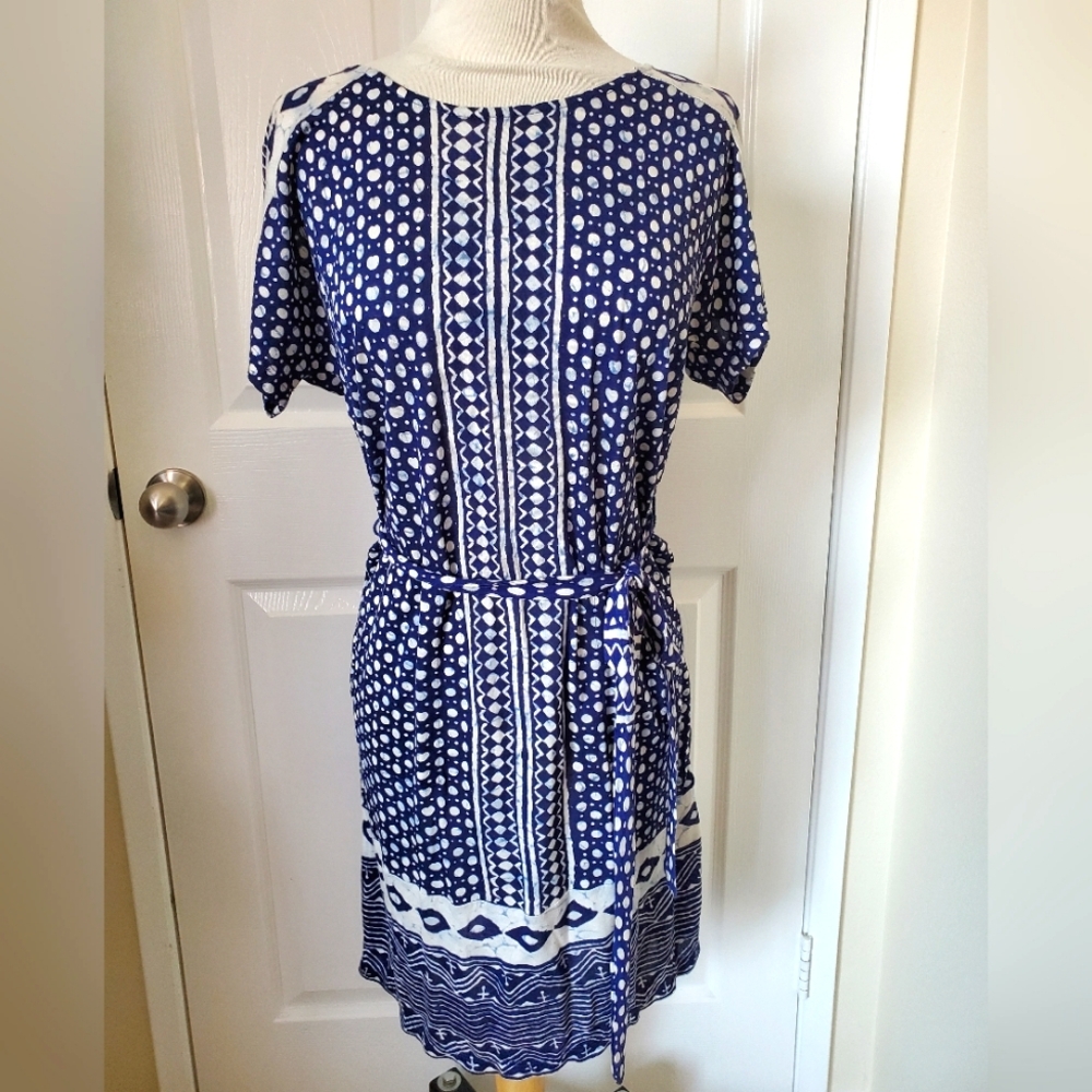NEW Lucky Brand Indigo Blue Dot Pattern Short Sleeve Sheath Dress Women's Small